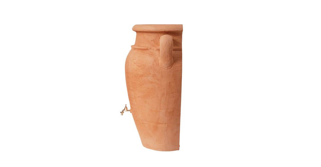 plan de coupe vue de côté de la cuve aérienne amphore antik terracotta Sotra'O pour la récupération des eaux de pluie dans les hauts-de-france avec le robinet